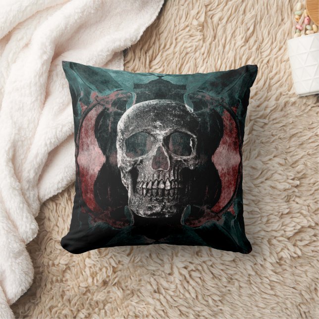 Skull Gothic Floral Teal Black Red Grunge Texture Cushion (Blanket)