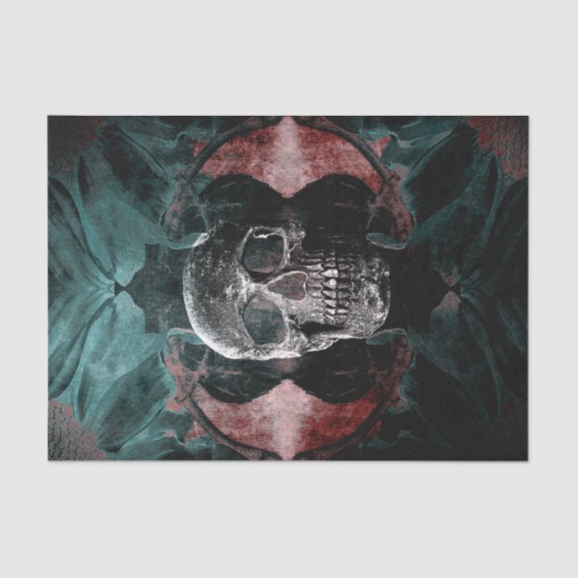 Skull Gothic Floral Teal Black Red Grunge Texture Tissue Paper (Front)
