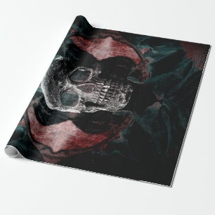 Skull Gothic Floral Teal Black Red Grunge Texture Wrapping Paper