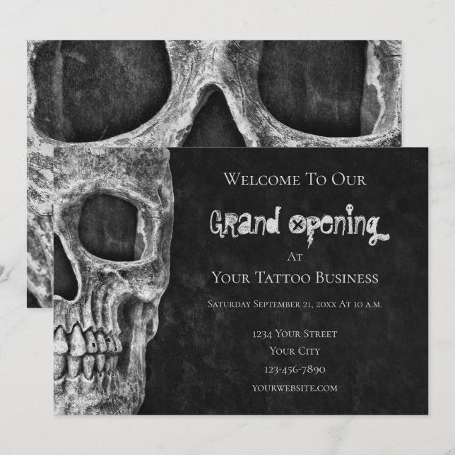 Skull Gothic Grand Opening Black White Tattoo Shop Invitation (Front/Back)