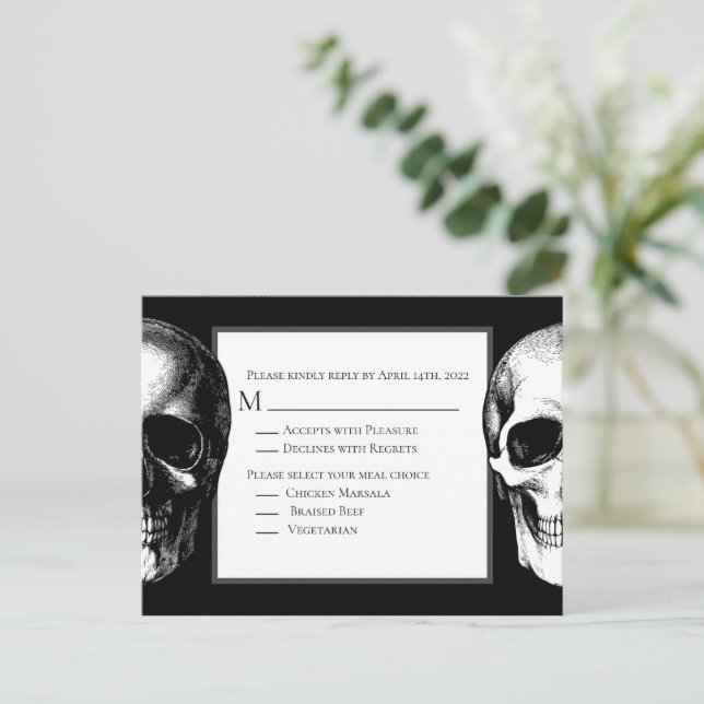 Skull Gothic Halloween Wedding Reply Card (Standing Front)