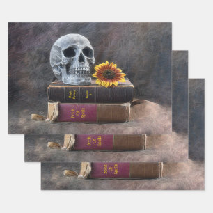 Skull Gothic Vintage Old Books Yellow Sunflower Wrapping Paper Sheet