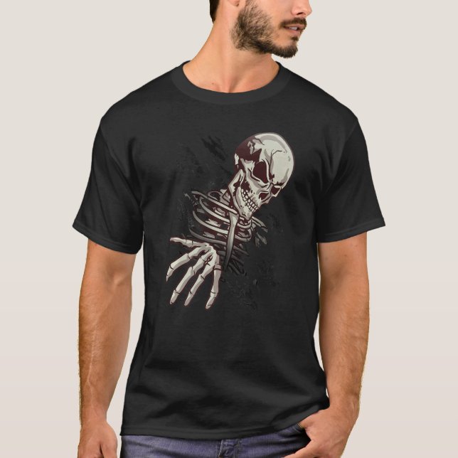 Skull Graphic Skeleton Hand Coming Out At Hallowee T-Shirt (Front)