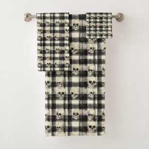 Skull Grid – Macabre Geometry in Monochrome Bath Towel Set