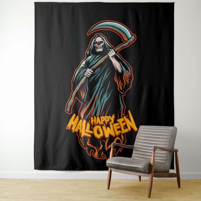 Skull Grim Reaper Halloween Backdrop Tapestry (In Situ)