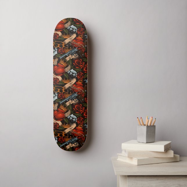 Skull Gun snd Roses Graffiti pattern   Skateboard (Wall Art)