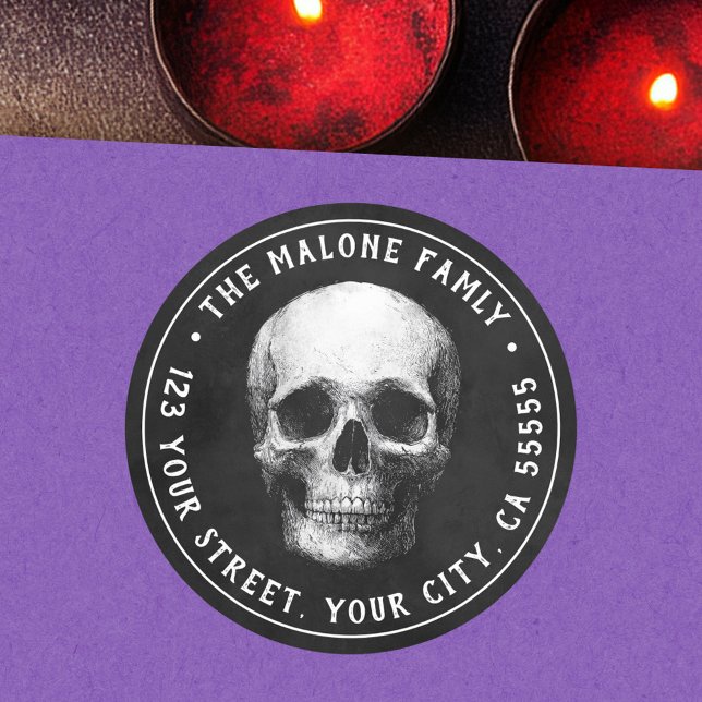 Skull Halloween black return address Classic Round Sticker (Skull Halloween black return address Classic Round Sticker)