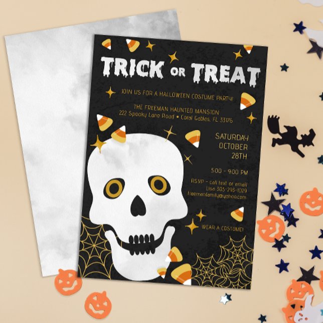 Skull Halloween Costume Party Invite for Kids (Watercolor Trick Or Treat Halloween Costume Party Invitation)
