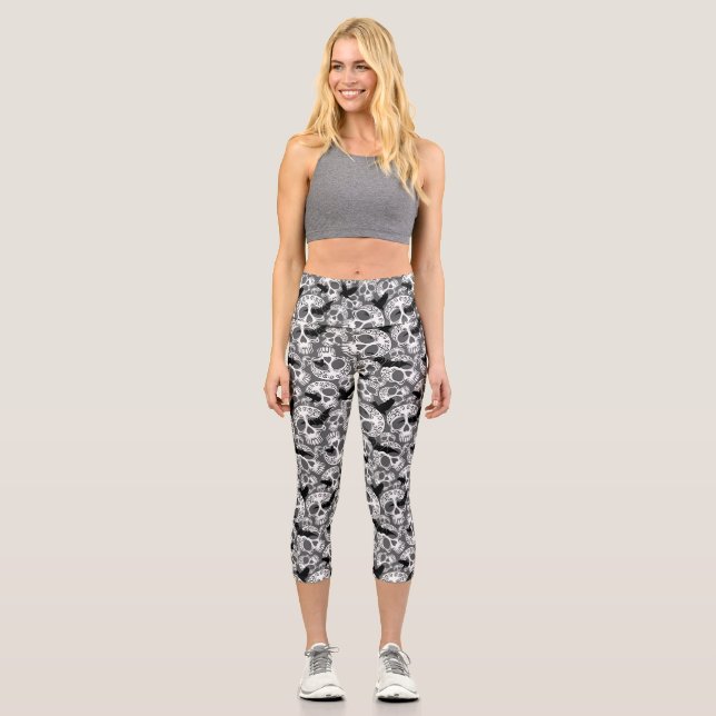 Skull Halloween Decorative Calaveras Capri Leggings (Front)