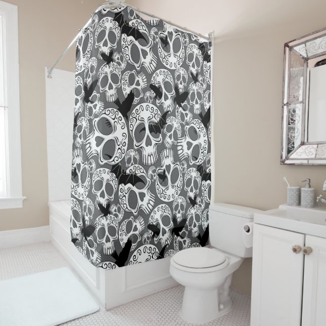 Skull Halloween Decorative Calaveras Shower Curtain (In Situ)