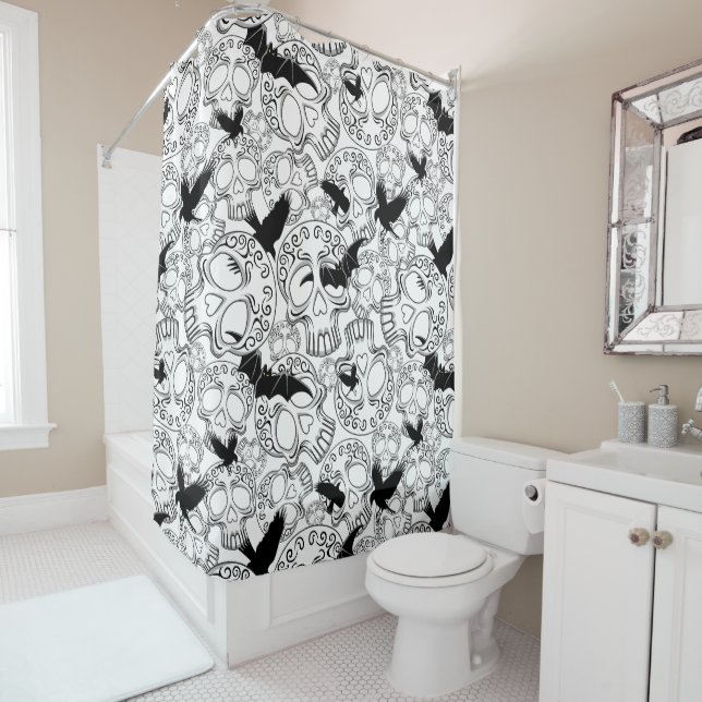 Skull Halloween Decorative Calaveras Shower Curtain (In Situ)