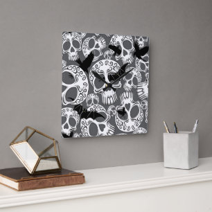 Skull Halloween Decorative Calaveras Square Wall Clock