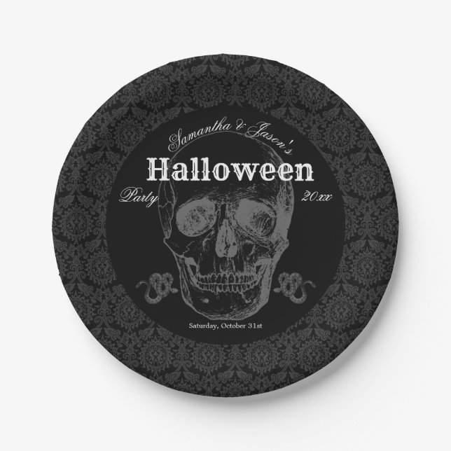 Skull Halloween Vintage Black White Gothic Paper Plate (Front)