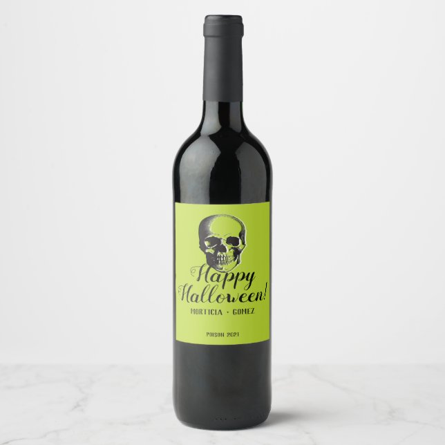 Skull Halloween Wine Label Poison Green (Front)