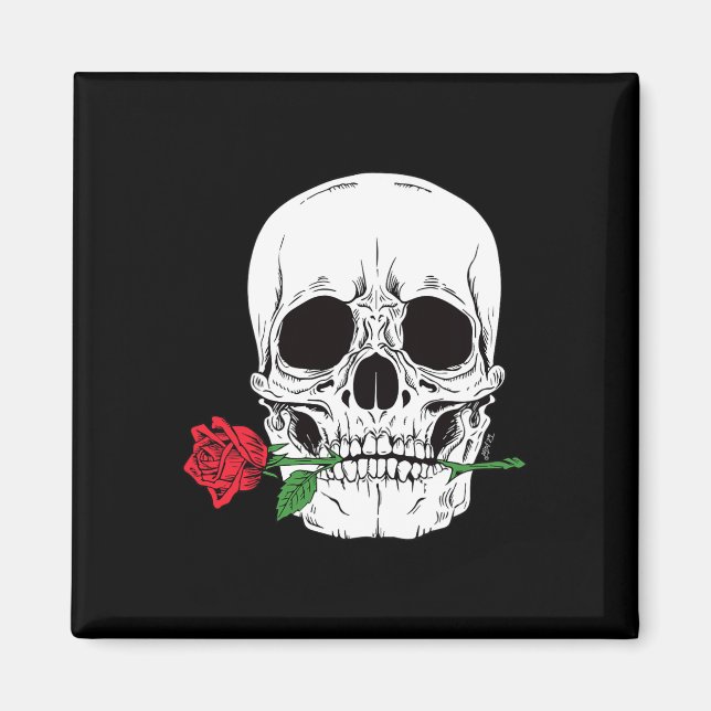 Skull Head Face Red Rose Rock N Roll Cool Skeleton Magnet (Front)