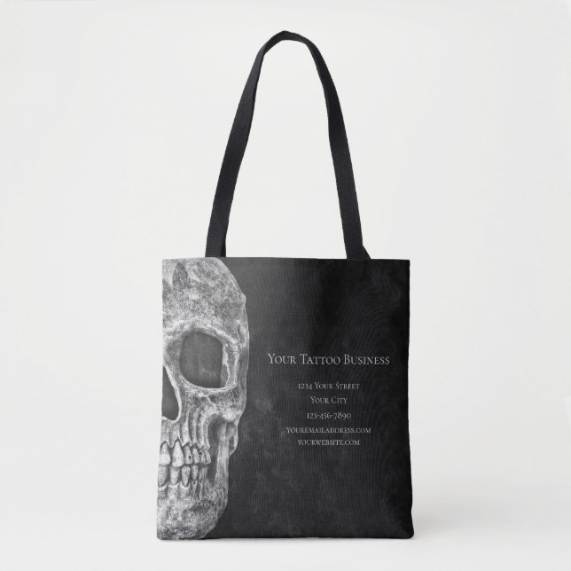 Skull Head Gothic Black And White Tattoo Shop Tote Bag (Front)