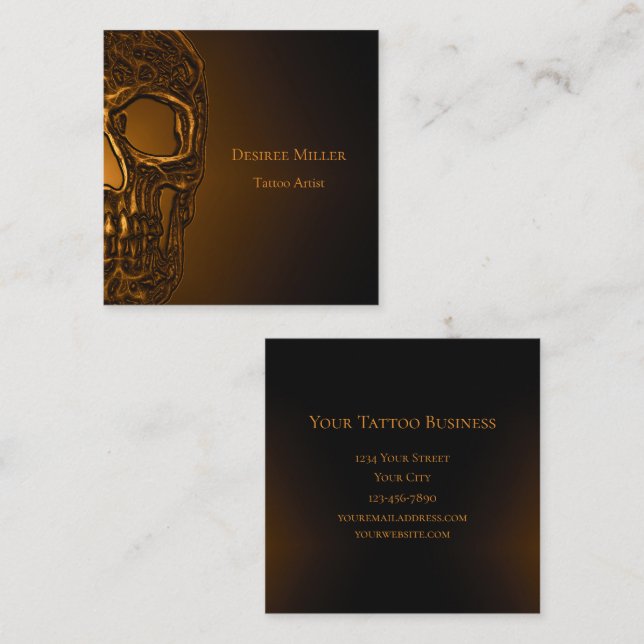 Skull Head Gothic Gold Metallic Tattoo Shop Square Business Card (Front/Back)