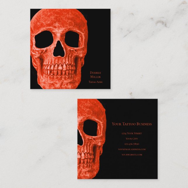 Skull Head Gothic Neon Orange Black Tattoo Shop Square Business Card (Front/Back)
