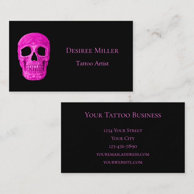 Skull Head Gothic Neon Pink Black Tattoo Shop Business Card (Front/Back)