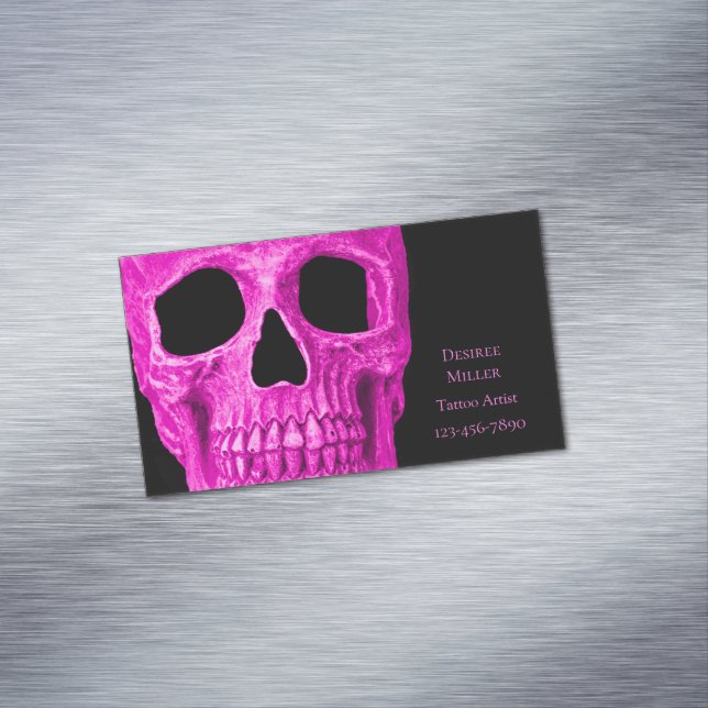 Skull Head Gothic Neon Pink Black Tattoo Shop Magnetic Business Card (In Situ)
