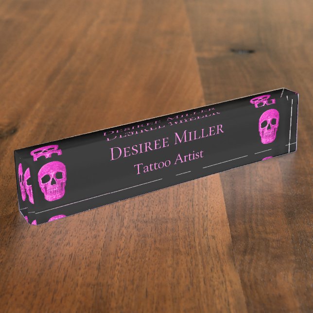 Skull Head Gothic Neon Pink Black Tattoo Shop Nameplate (Side)