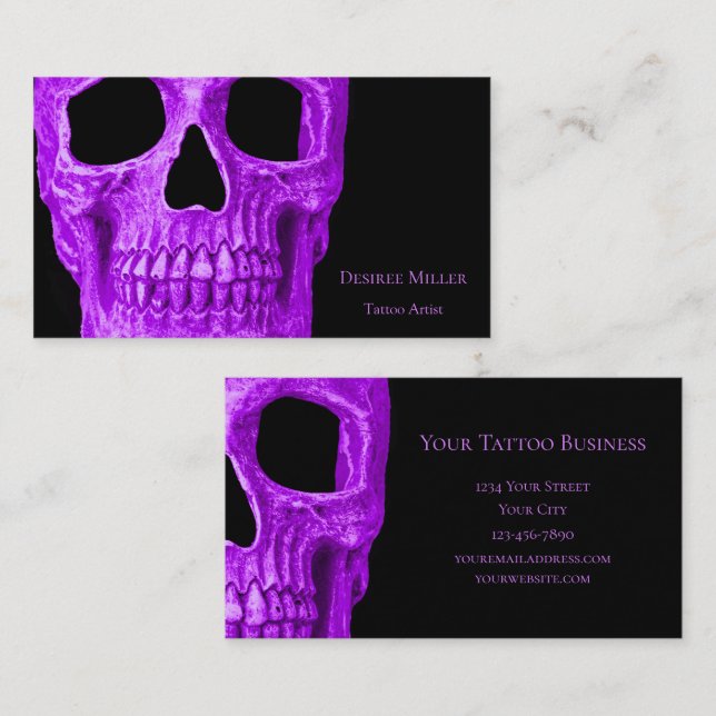 Skull Head Gothic Neon Purple Black Tattoo Shop Business Card (Front/Back)