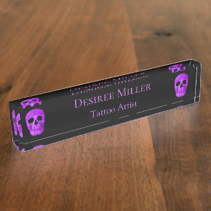 Skull Head Gothic Neon Purple Black Tattoo Shop Nameplate