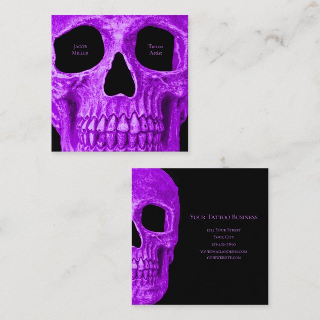 Skull Head Gothic Neon Purple Black Tattoo Shop Square Business Card (Front/Back)