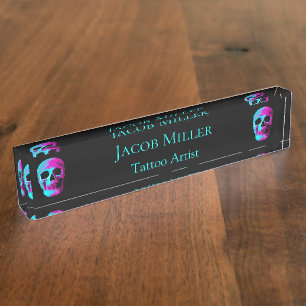 Skull Head Gothic Neon Purple Teal Black Design Nameplate
