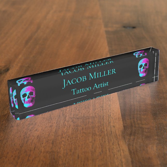 Skull Head Gothic Neon Purple Teal Black Design Nameplate (Side)