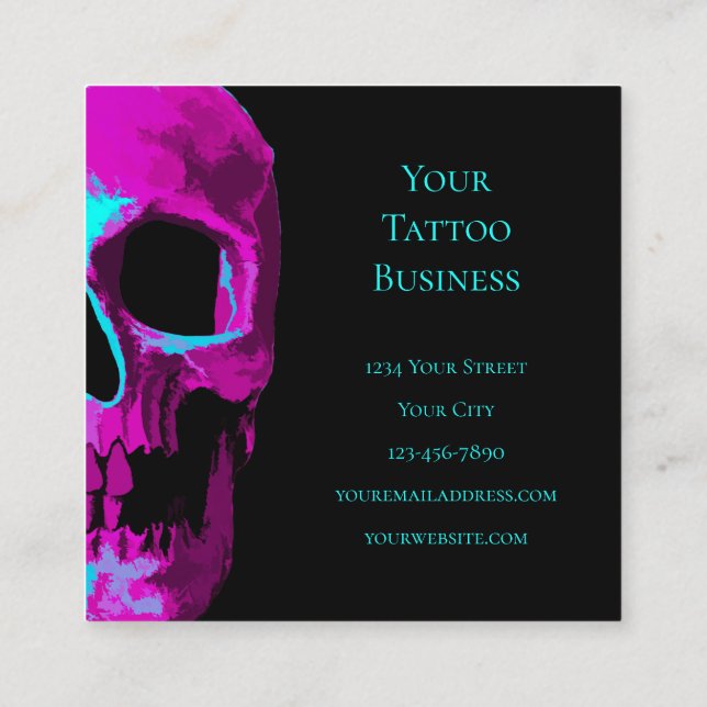 Skull Head Gothic Neon Purple Teal Black Design Square Business Card (Back)