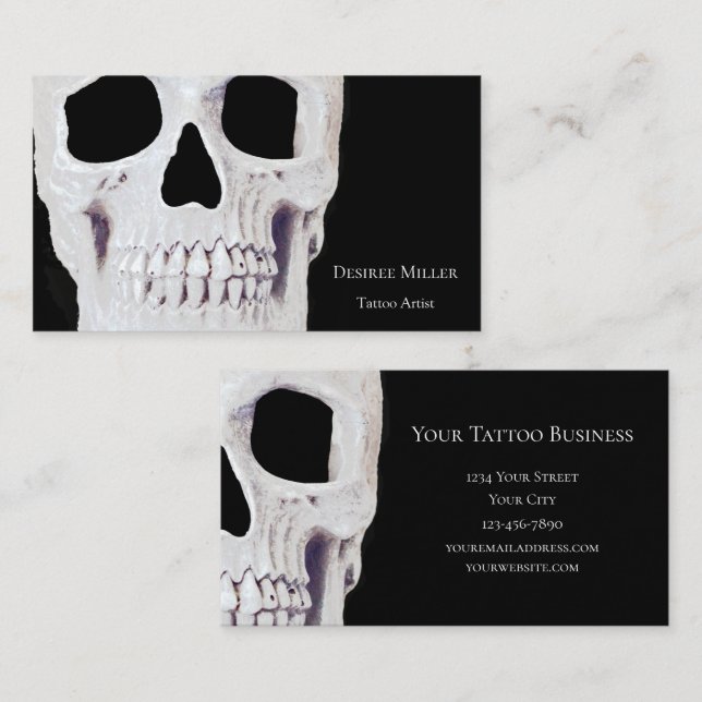 Skull Head Gothic Neon White Black Tattoo Shop Business Card (Front/Back)