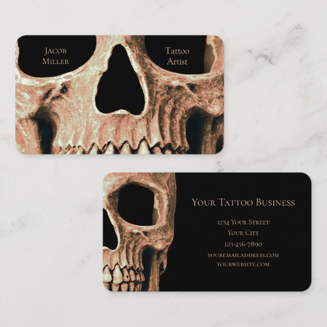 Skull Head Gothic Tan Brown Black Tattoo Shop Business Card (Front/Back)