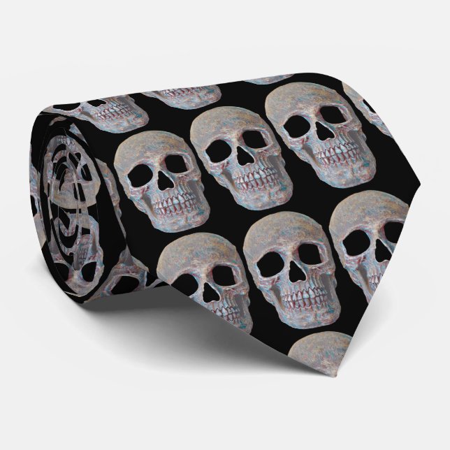 Skull Head Grey Black Gothic Cool Pattern Tie (Rolled)