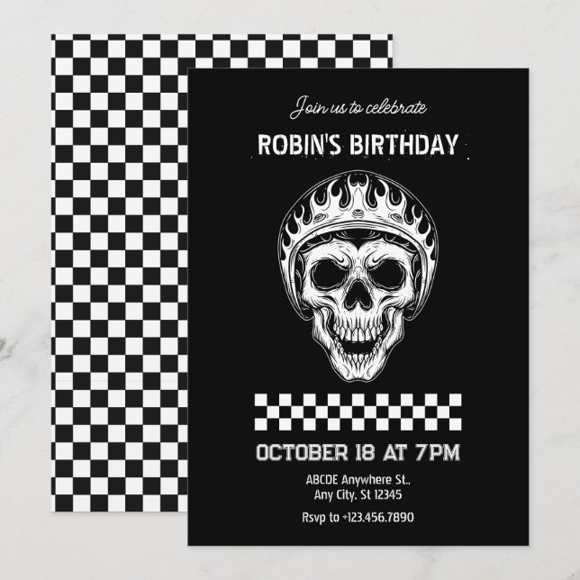 Skull head motorcycle rider birthday invitation (Front/Back)