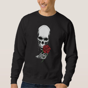Skull Head Skeleton Hand Holding Red Rose Stem Tat Sweatshirt