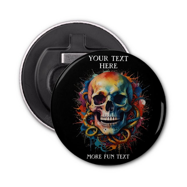 Skull Head with multi-coloured Paint Splashes Bottle Opener (Front)