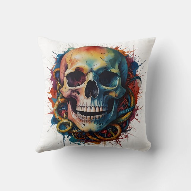 Skull Head with multi-coloured Paint Splashes Cushion (Back)