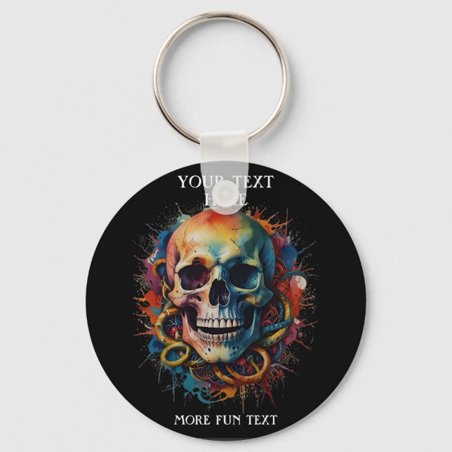 Skull Head with multi-coloured Paint Splashes Key Ring (Front)