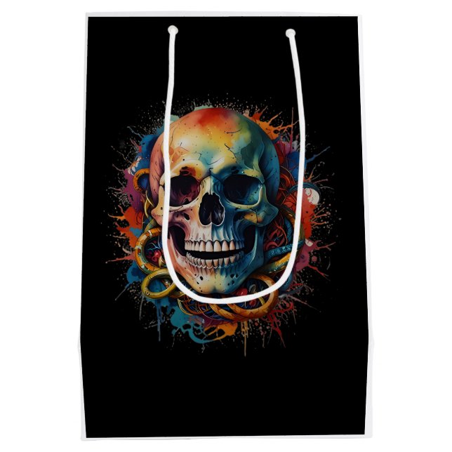 Skull Head with multi-coloured Paint Splashes Medium Gift Bag (Back)