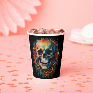 Skull Head with multi-coloured Paint Splashes Paper Cups