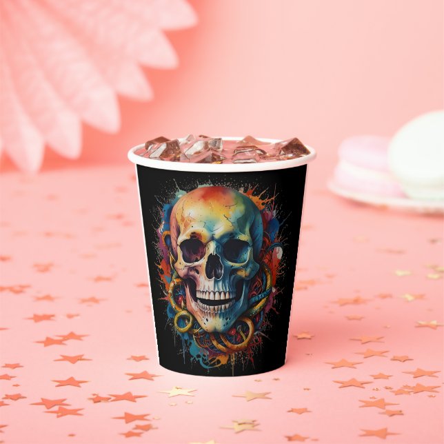Skull Head with multi-coloured Paint Splashes Paper Cups (Insitu)