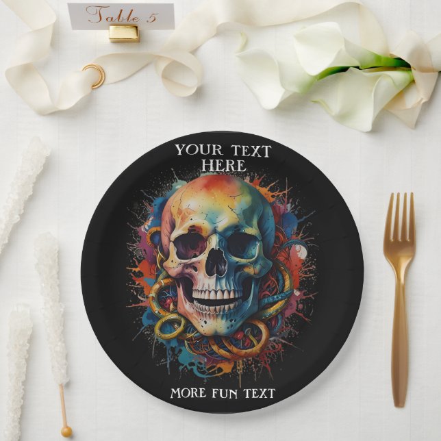 Skull Head with multi-coloured Paint Splashes Paper Plate (Wedding)