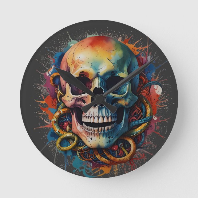 Skull Head with multi-coloured Paint Splashes Round Clock (Front)