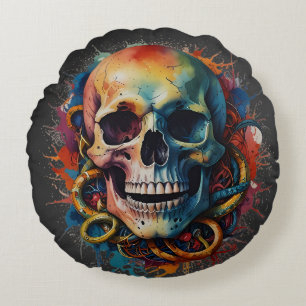 Skull Head with multi-coloured Paint Splashes Round Cushion
