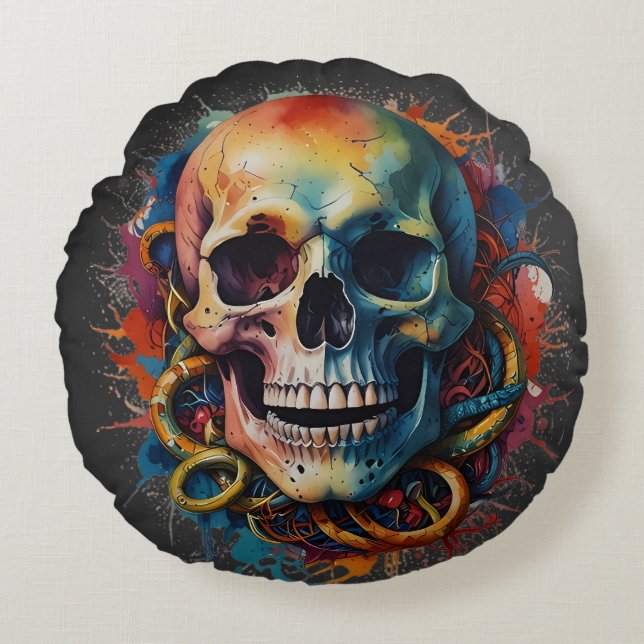 Skull Head with multi-coloured Paint Splashes Round Cushion (Front)