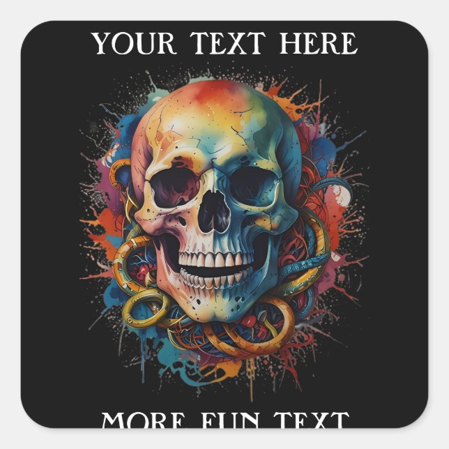 Skull Head with multi-coloured Paint Splashes Square Sticker (Front)