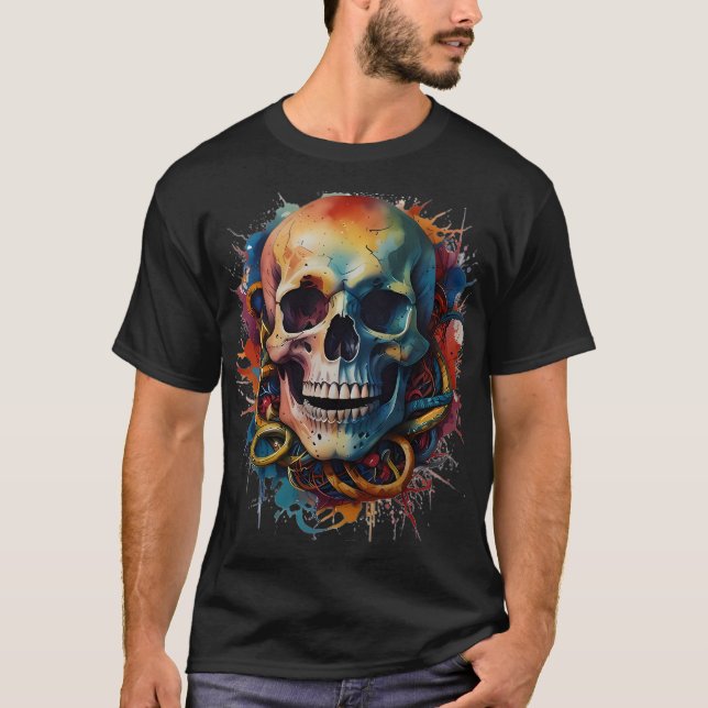 Skull Head with multi-coloured Paint Splashes T-Shirt (Front)