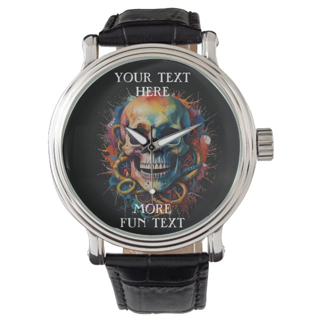 Skull Head with multi-coloured Paint Splashes Watch (Front)