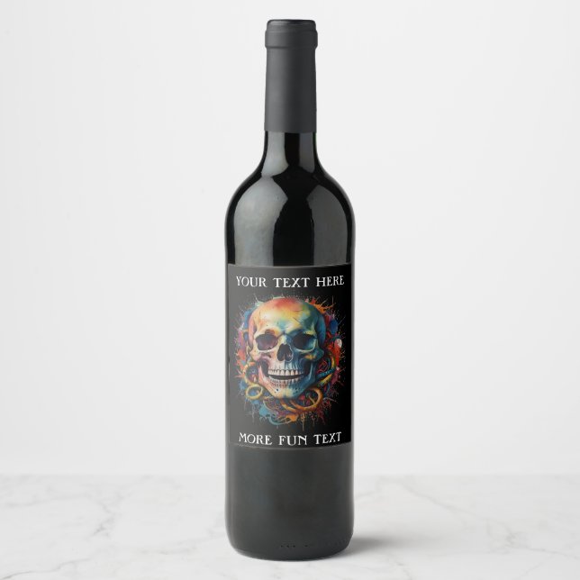 Skull Head with multi-coloured Paint Splashes Wine Label (Front)